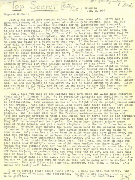 January 2, 1956 letter from Elisabeth Elliot to her mother detailing the beginning of efforts by her husband Jim and four other missionaries to initiate direct contact with the Waorani. 