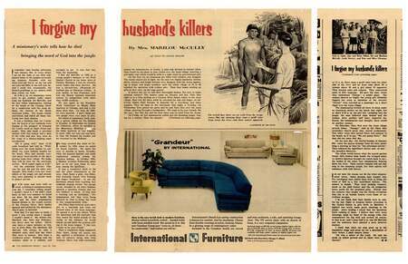Article titled "I Forgive My Husband's Killers" by Marilou McCully (edited by David Enlow) printed in <i>The American Weekly</i> magazine, April 22, 1956.
