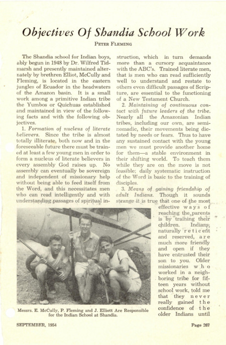 Article by Peter Fleming from <i>The Fields</i>, the magazine of Plymouth Brethren mission work, pages 267-269. Fleming described the goals of the boys boarding school in Shandia for which he, Jim Elliot, and Ed McCully were responsible. Paper, 6" x 9", 3 pages.