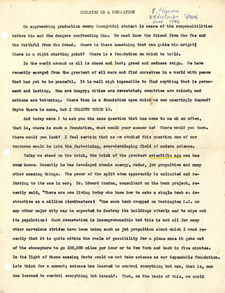 Peter Fleming’s letter to the people of Hope Hall, a Brethren Assembly group, thanking them for their gifts and hospitality and describing his plan with Jim Elliot for mission work in Ecuador. Paper, 6-1/4" x 10", 2 pages.