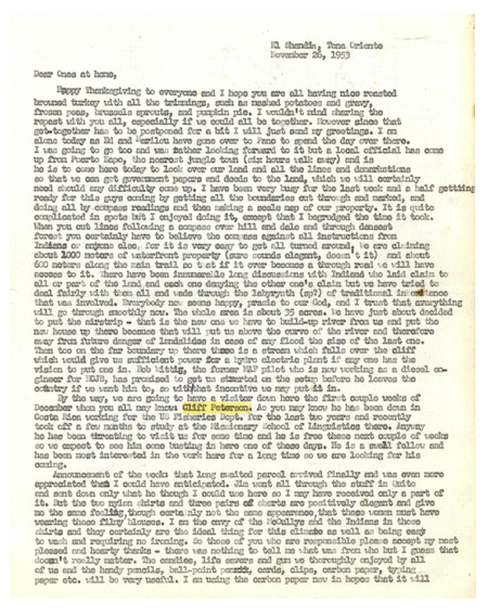 Letter from Peter Fleming to his family in the United States, November 26, 1953, describing his current activities preparing the Shandia site for purchase as a mission station and catching up on his correspondence, as well as responding to reports of the activities of other family members. Paper, typed, 8-1/2" x 11", 2 pages. 