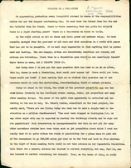 Fleming gave the speech as valedictorian of his high school graduating class at Queen Anne High School, Seattle, Washington. Paper, typed copy with handwritten notation, 2 pages.