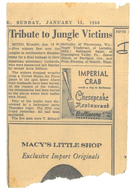 Newspaper article from the <i>New York Herald Tribune</i>, January 15, 1956. Titled "Tribute to Jungle Victims" the article reports on the burial of the five missionaries and the widows' memorial flight over Palm Beach with the U. S. Air Force.