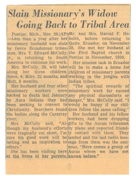 News article from unidentified publication reporting on Marilou McCully's planned return to Ecuador in November 1956 after the death of her husband, Ed McCully. 
