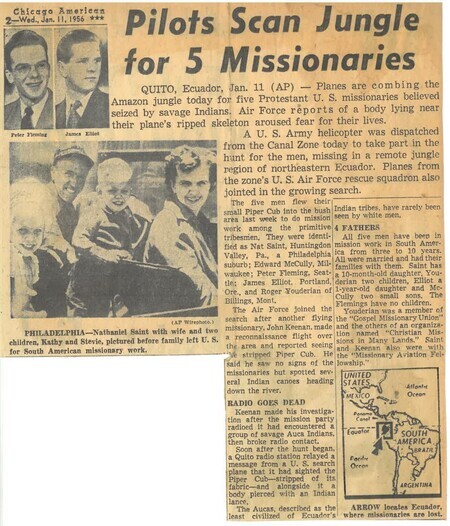 Newspaper article from the <i>Chicago American</i>, January 11, 1956. Titled "Pilots Scan Jungle for 5 Missionaries" the article reports on the early news of the five missing missionaries, as well as the U.S. Army search efforts dispatched from the Panama Canal Zone.