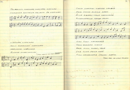 Two pages from Olive Fleming's notebook of Christian hymns in Quichua copied and developed by her and her husband Peter Fleming during language studies in Quito, Shandia, and Puyupungu, c. 1954-1955. 