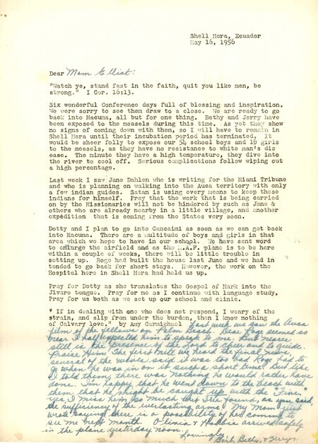 Letter from Barbara Youderian to Fred and Clara Elliot with news of her plans to return to her mission work in Macuma, Ecuador, as well as her reflections on viewing the film footage recovered from "Palm Beach" for the first time. 
