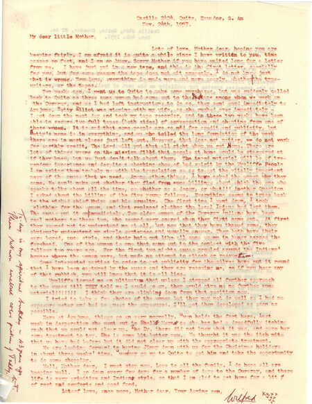 Letter from Wilfred Tidmarsh to his mother with news about the recent contact with two Waorani woman. Tidmarsh also comments on ongoing tensions over publicity and access to Waorani language materials between the various missionaries and mission organizations involved in the project, especially the Summer Institute of Linguistics. Written in Quito, November 24. 1 page. 