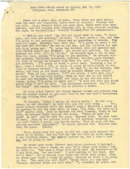 Typed transcript of English translation of Waorani tales and legends taped by Gikita in Wao tededo, May 16, 1961. 