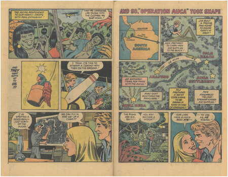 Two page spread from the comic book edition of Through Gates of Splendor, produced in 1974 by Spire Christian Comics, an imprint of the Fleming H. Revell Company. Adapted and drawn by Al Hartley, best known for his work on the "Archie" comic series.