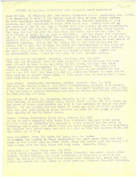 Four page typed document with title "Letters to HCJB Concerning Auca Incident," containing excerpts from listener response letters to HCJB's radio broadcasts concerning the death of the five missionaries over the course of January 1956. This copy was given to Olive Fleming Liefeld, wife of Peter Fleming.