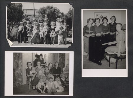 Page from photo album created by Olive Fleming Liefeld with three black and white photographs of the last meeting of all five widows (Elisabeth Elliot, Olive Fleming, Marilou McCullly, Marjorie Saint, and Barbara Youderian) in Quito, Ecuador, January 1957.