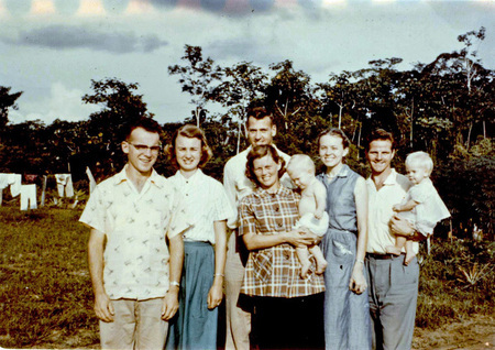 Peter and Olive Fleming; Ed, Marilou, and Mike McCully; Elisabeth, Jim, and Valerie Elliot, December 1955.