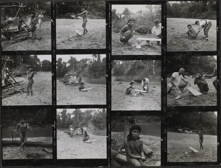 Proof sheet of black and white photographs, January 6, 1956. Photos, probably shot by Ed McCully, of the visit of Guiimadi (called Delilah by the men), Naenkiwi (called George by the men), and Mintaka (woman with no earplug) to the camp at Palm Beach. Also seen in the pictures are Nate Saint (light crew-cut hair), Roger Youderian (with some kind of belt over his shoulder), Peter Fleming (glasses), and Jim Elliot (in shorts). Paper, 13" x 10", with the individual 3" x 3" images.