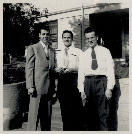 Snapshot of Ed McCully, Jim Elliot and Peter Fleming in Los Angeles, c. 1952. Elliot and Fleming were in the city to board the ship that would take them to Ecuador. Ed and Marilou McCully were taking a course in missionary medicine at the Bible Institute of Los Angeles. 