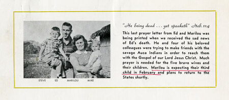 Portion of last prayer letter from Ed and Marilou McCully, c. January 1956. Includes photograph of Ed and Marilou McCully with their two oldest children, Steve and Mike.