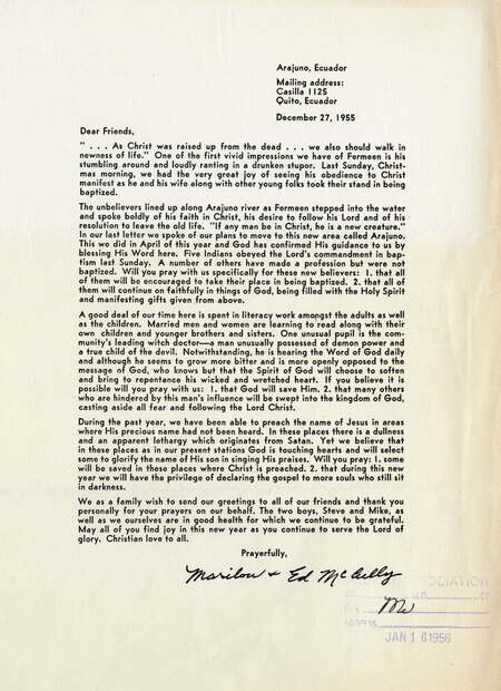 Prayer letter sent by Ed and Marilou McCully to the supporters of their ministry, detailing their literacy work with the Quichua near Arajuno, December 1955. Most missionaries sent prayer letters out regularly, sometimes monthly.