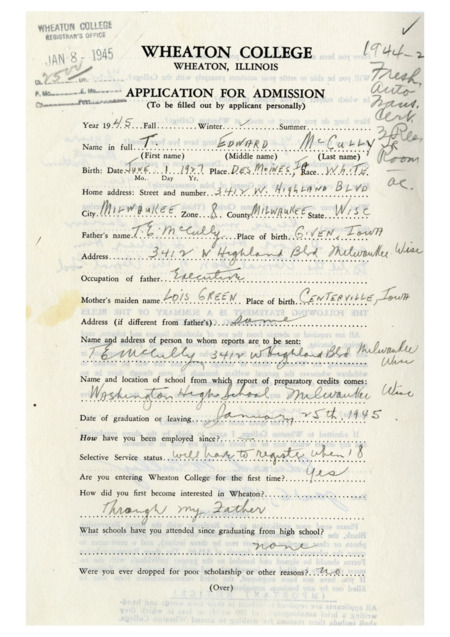 Ed McCully's 1945 application to Wheaton College.
