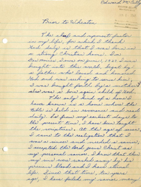Ed McCully's three-page autobiography written to accompany his application to Wheaton College in 1945.