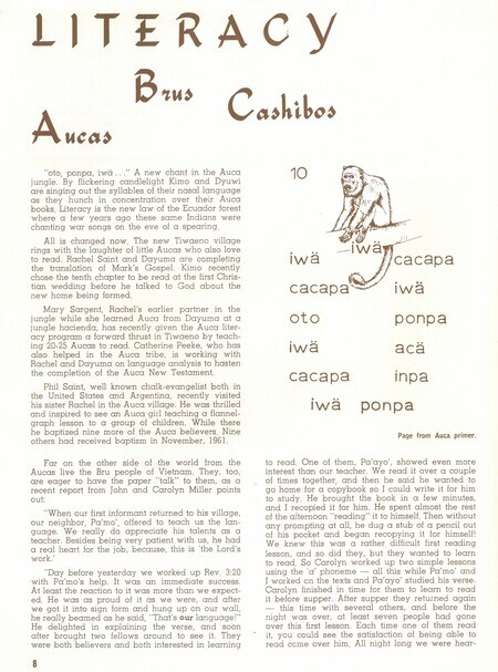 Brief report on the language and literacy work among the Waorani in the Spring 1962 issue of <i>Translation</i>, the journal of the Summer Institute of Linguistics and the Wycliffe Bible Translators. Text is accompanied by reproduction of page from Waorani primer.  