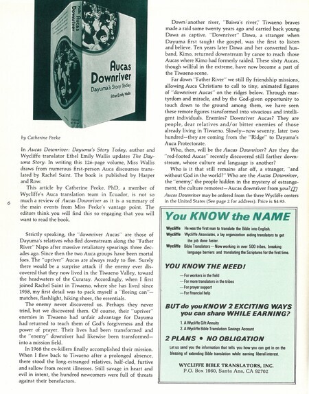 Promotion of Ethel Emily Wallis's second book on Dayuma, <i>Aucas Downriver: Dayuma's Story Today</i>, accompanied by several paragraphs from Catherine Peeke reporting on current efforts to reach the "downriver" and "ridge" Waorani communities. Printed in the May 1973 issue of <i>Translation</i>, the journal of the Summer Institute of Linguistics and the Wycliffe Bible Translators.